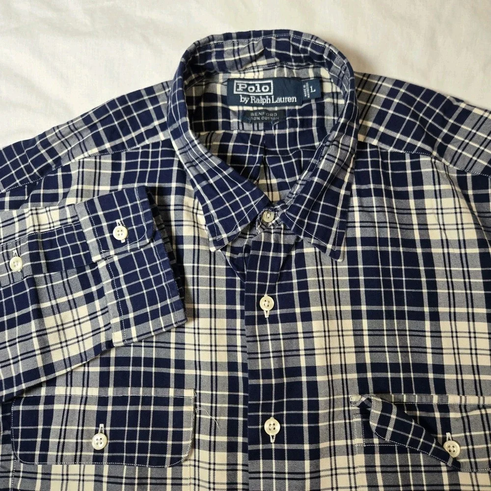 Polo Ralph Lauren Shirt Benford Men Large Check Button Down Shirt Flap Pocket